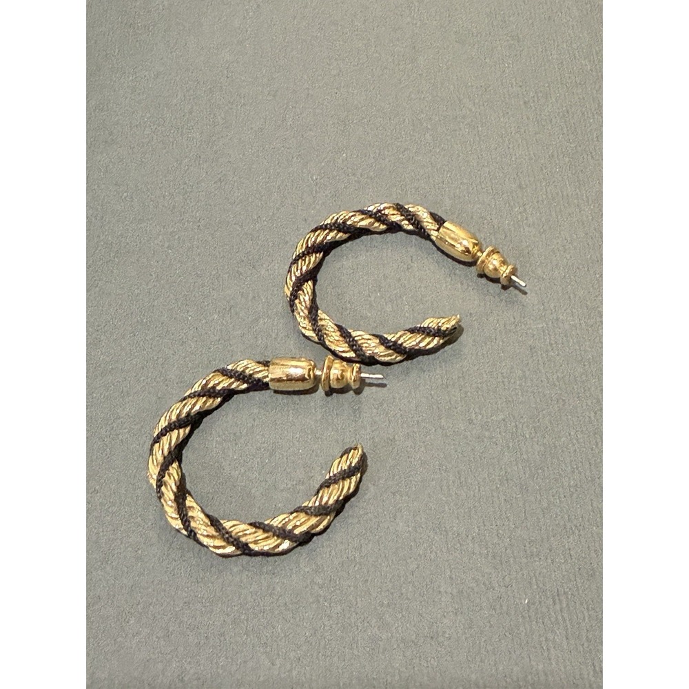 Vintage Style Rope Hoop Earrings Gold Tone Black Spiral Wrap Bold Statement Hoop